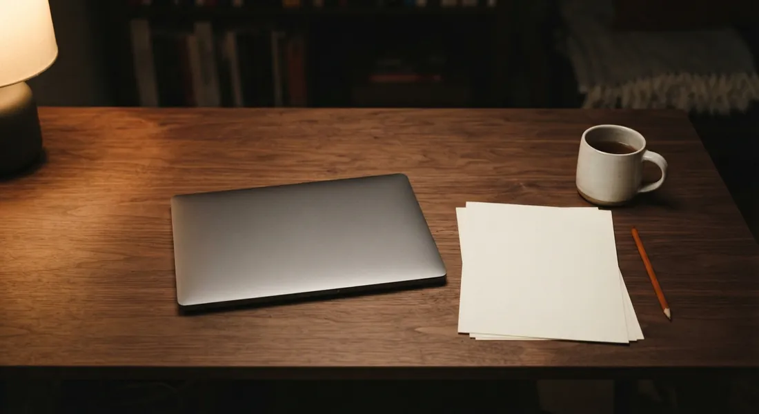 Ein Holztisch am Abend im Licht einer Tischlampe, darauf ein zugeklappter Laptop, ein Stapel leerer Blätter, ein Bleistift und eine Tasse.