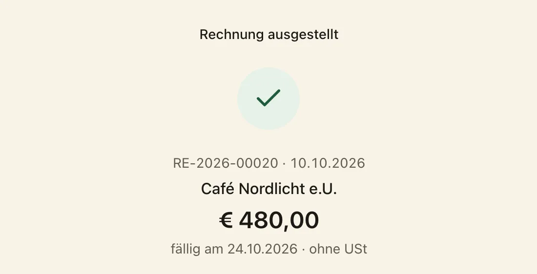 Rechnung ausgestellt in BuchhaltGenie: RE-2026-00020 vom 08.10.2026 an Café Nordlicht e.U. über € 480,00, fällig am 22.10.2026, ohne USt.